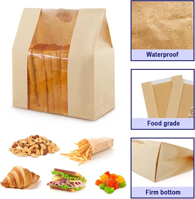 100 Pcs Paper Bread Bags for Homemade Bread, Paper Bakery Bag for Baked Food Packaging Storage, Large Kraft Paper Bread Loaf Bag with Window Label Seal Sticker included Pack of 60, 12.5x8.3x4 Inches
