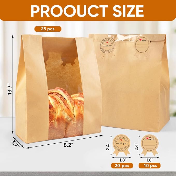 50 Pcs Bread Bags for Homemade Bread With Window Sourdough Paper bread Bags.(13.7x8.2x3.7 in),Packaging & Storage of Baked Goods Suitable for Bakers.Package includes 60 Cute Sealing Stickers.