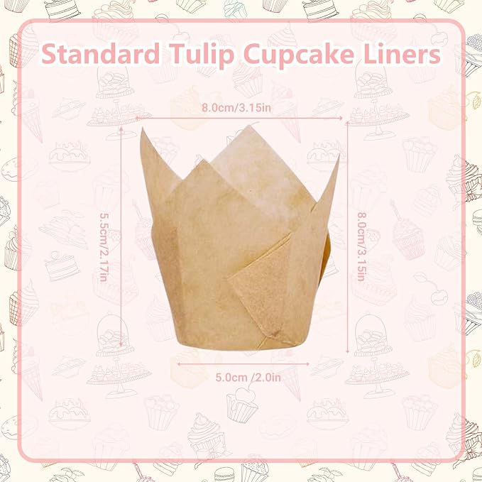 200 Pcs Natural Tulip Cupcake Liners for Baking, Standard Size | Standard Greaseproof Tulip Muffin Liners for Baking, 3oz Natural Paper Cupcake Wrappers for Party Wedding Birthday