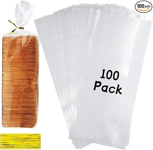 Bread Bags with Ties, 100 Clear Bread Bags for Homemade Bread and 100 Ties, Adjustable Reusable Plastic Bread Bags, Bread Loaf Bags for Home Bakers and Bakery Owners