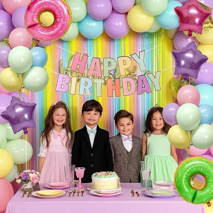 Pastel Birthday Decoration Kit Happy Birthday Banner Macaron Fringe Curtains Green Pink Candy Donut Star Foil Balloon Rainbow Colorful Double Stuffed Balloons for Girls Baby Shower Easter Party Decor