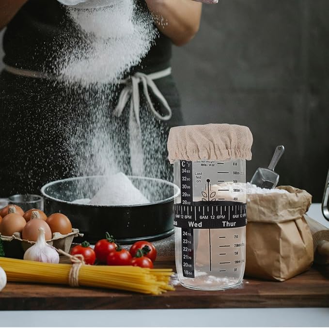 Sourdough Starter Jar Accessory Kit 2 Cloth Covers 2 Thermometer Stickers 2 Date Marking Bands for Fermentation Jar Monitoring and Batch Tracking