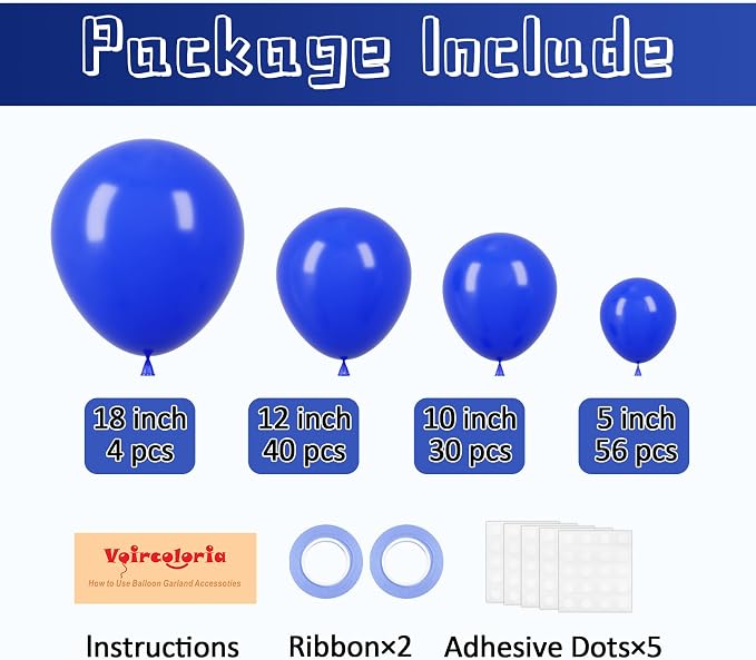 Voircoloria 130pcs Royal Blue Balloons Different Sizes 18" 12" 10" 5" Party Latex Balloons for Birthday Graduation Baby Shower Anniversary Nautical Party Decorations