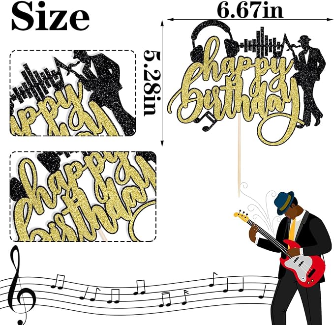 Saxophone Happy Birthday Cake Topper-Black Gold Glitter Saxophone Music headphones Cake Decorations,Music Lover Theme Birthday Party Supplies