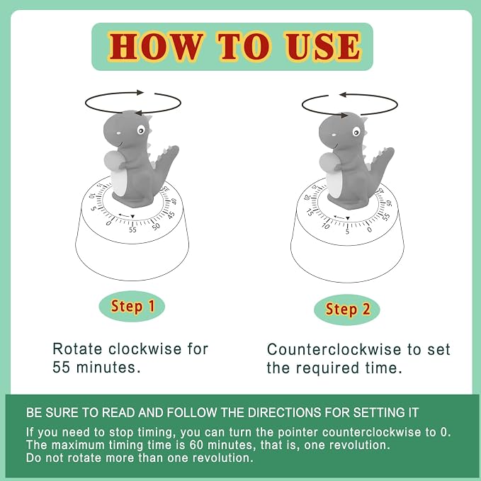 ELE DEPI 60 Minutes Mechanical Kitchen Timer,Cute Dinosaur Timer for Kids,Wind Up Egg Timer for Cooking,Reading,Classroom and Do Sports. (Light Green)