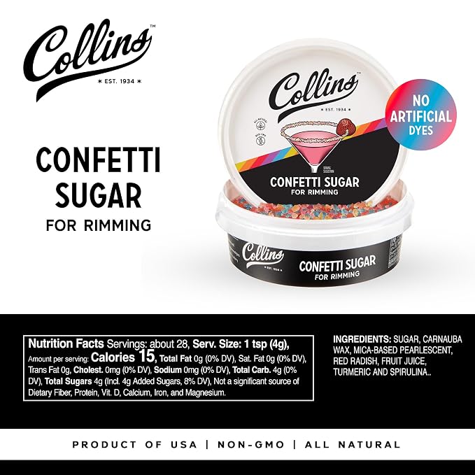 Collins Confetti Sugar, All-Natural Cocktail Rimming Sugar Made with Plant-Based Colors, Non-GMO Drink Garnish for Cocktails and Mocktails, Add Festive Flair to Your Drink Presentation, 4 oz