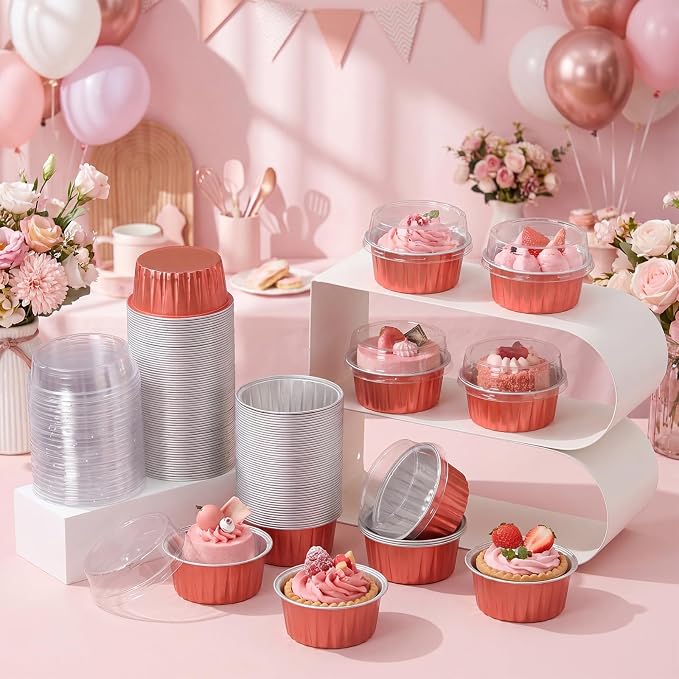 200 Pack Aluminum Foil Cupcake Liners with Lids, 5 oz Round Baking Cup, Disposable Ramekin Container for Graduation Wedding Independence Day Party(Rose Silver,Plain)