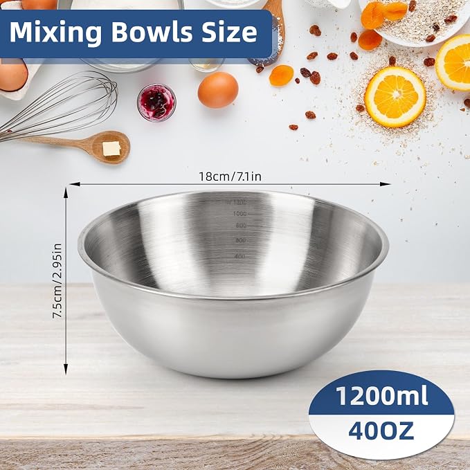 4-Piece Stainless Steel Mixing Bowls (7.1") Metal Bowl Set with Measurement Marks, Dishwasher Safe & Stackable - Perfect for Salad Making,Baking, Meal Prep and Kitchen Use