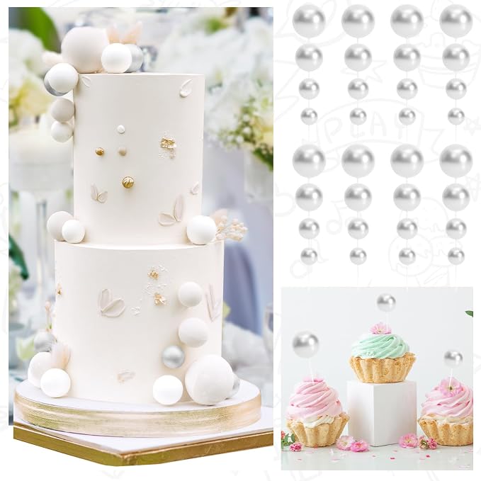48 Pcs Silver Balls Cake Topper Decorations Balloon Cupcake Toppers Foam Cake Topper Balls Cake Balls Decorations for Birthday Party Wedding Anniversary Cake Decorating