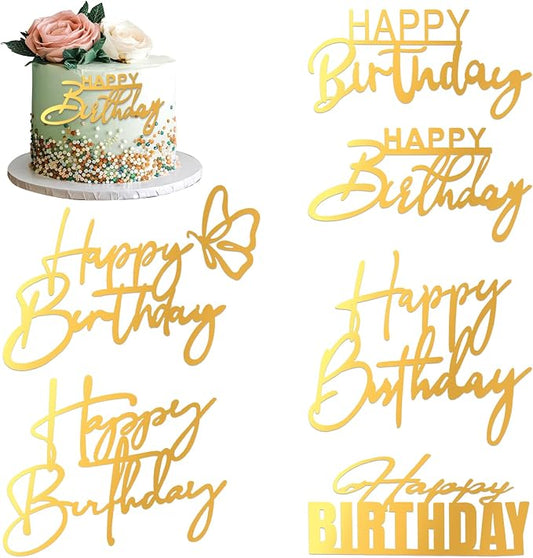 6 Pcs Flat Cake Toppers Gold Happy Birthday Cakes Topper Acrylic Cakes Inserts Flat Happy Birthday Decoration Sign Side Mirror for DIY Party Decorating Supplies