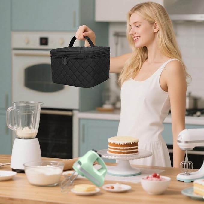 Quilted Electric Hand Mixer Carrying Bag for KitchenAid 5/6/7/9 Ultra Power Speed Mixers, Hand Mixer Electric Handheld Bag with Handle for Kitchenaid Mixer Attachments, Black