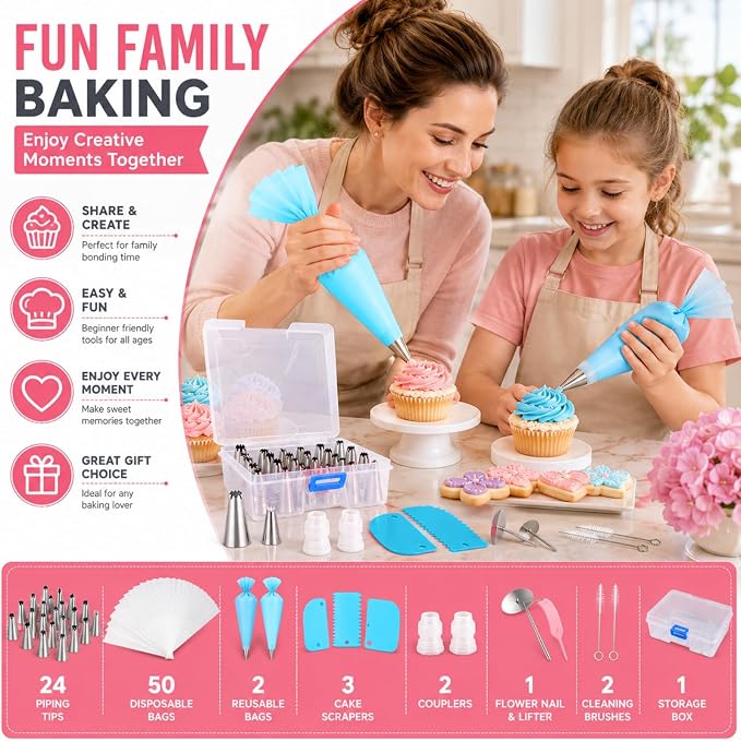 82 pcs Cake Decorating Kit,Baking Supplies Tools, | 48 Piping Tips,3 Cake Spatulas,1 Piping Shears,1 Smoother,2 Converters,20 Disposable Piping Bags+2 Reusable Pastry Bags