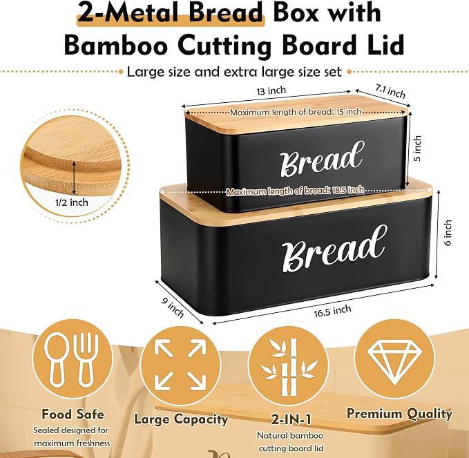 Teenyyou 2 Pcs Extra Large Bread Box with Slicer, Metal Farmhouse Bread Storage Container with Bamboo Cutting Board Lids Multi-size Breadbox Set for Kitchen Countertop(Black)