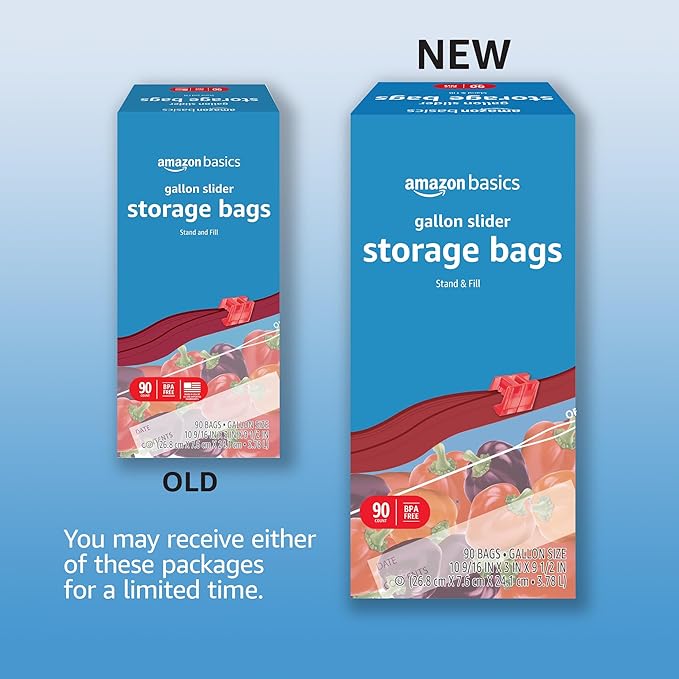 Amazon Basics Slider Gallon Food Storage Bags, BPA Free, Stand-Up Bottom, Easy to Fill, 90 Count (Pack of 2)
