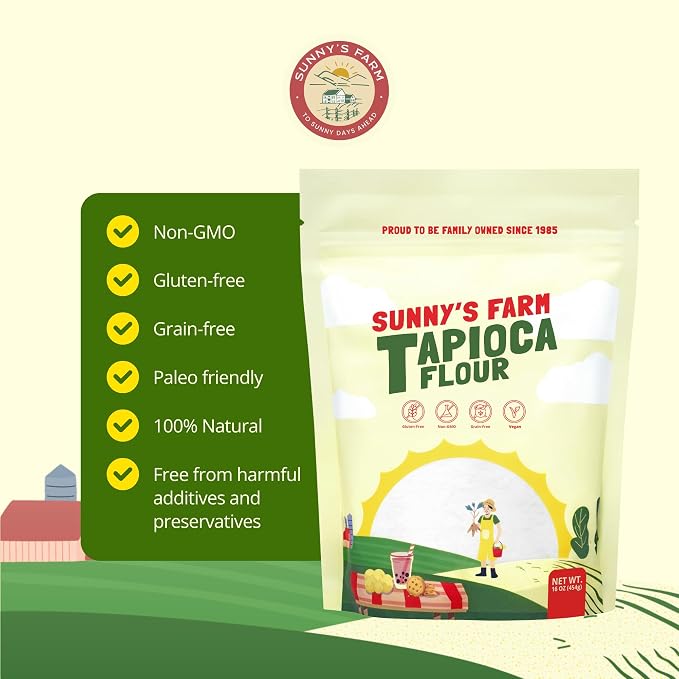 Sunny's Farm Tapioca Flour – Gluten Free Bread Flour, Versatile Baking Flour & Tapioca Starch for Cooking, Baking & Thickening – 16oz (Pack of 4)
