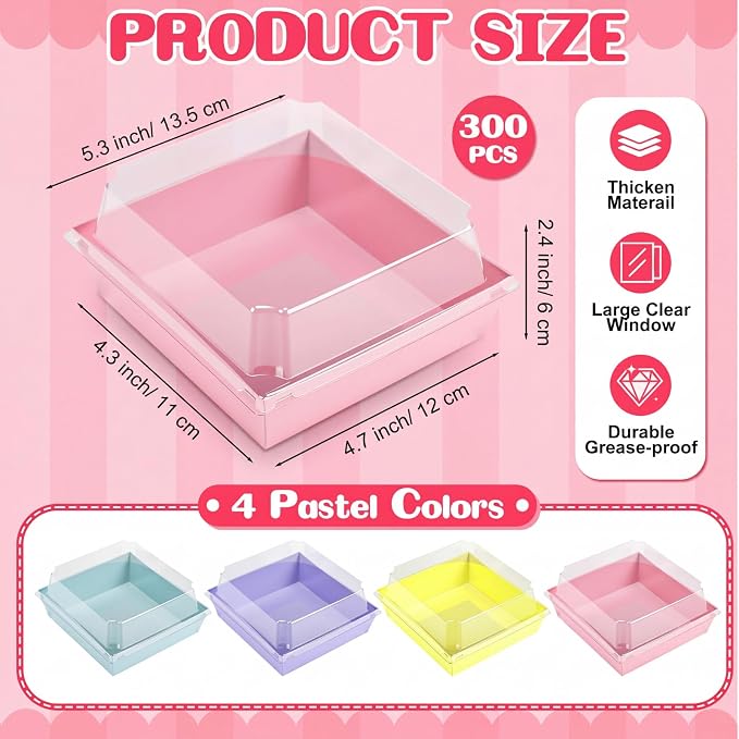 Vesici 300 Pcs 5 Inch Small Charcuterie Boxes with Clear Lids Cake Slice Containers Paper Bakery Boxes Disposable Food Containers for Dessert Cookie Sandwich Mini Cake Strawberry