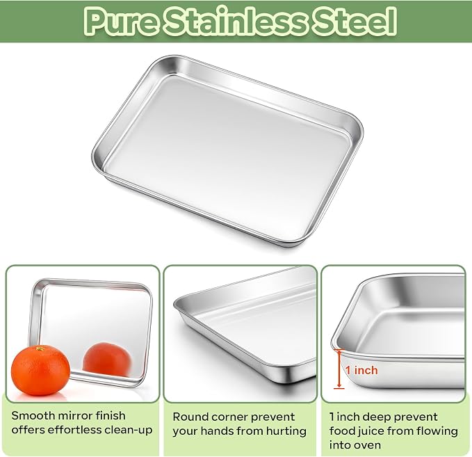 TeamFar Toaster Oven Pan with Rack Set, 9’’ x 7’’ x 1’’ Stainless Steel Compact Toaster Oven Small Baking Pan Tray with Mini Cooling Grid Rack, Healthy & Heavy-Duty, Dishwasher & Oven Safe, 2pcs