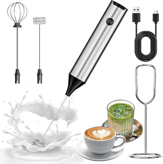 Rechargeable Hand Frother with Stand, Handheld Milk Frother for Coffee, Drink Mixer Frother Wand Electric Whisk Stirrer for Matcha, Latte, Hot Chocolate, Cappuccino (Stainless Steel)