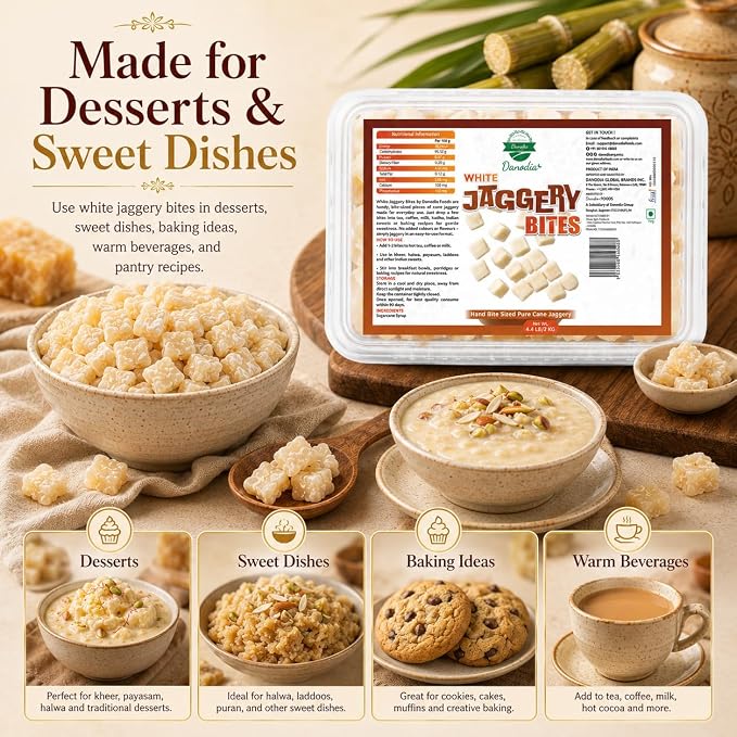 Danodia Foods Organic White Jaggery Bites, Cane Gur Sweetener, 1 lb Pack | Jaggery gur sweetener for chai, coffee, baking, desserts and recipes; Gluten-Free, No Additives, Vegan; everyday recipes