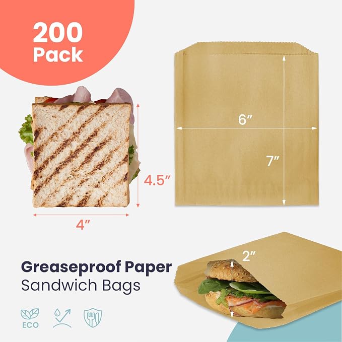 Fit Meal Prep 200 Pack Paper Sandwich Bags 7 x 6”, Greaseproof Snack Bags, Unbleached Pastry Bag, Recyclable Small Brown Paper Bags, Cookie Sleeves, Food Packing for Bakery, Donuts, Bagels