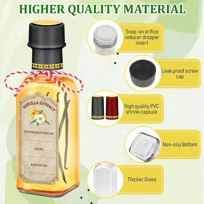 10-Pack Glass Vanilla Extract Bottles 5 oz with Lids, Labels, Shrink Bands & Funnel – Ideal Glass Jars for Syrup, Extract, and Essential Oils