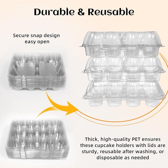 WIKDAY (12 Count x 12 Sets Plastic Cupcake Containers with Liners, Clear Cupcake Holder with Lids, Disposable Cupcake Carrier for Bakery, Cupcake Storage Box for Parties, Bake Sale Packaging
