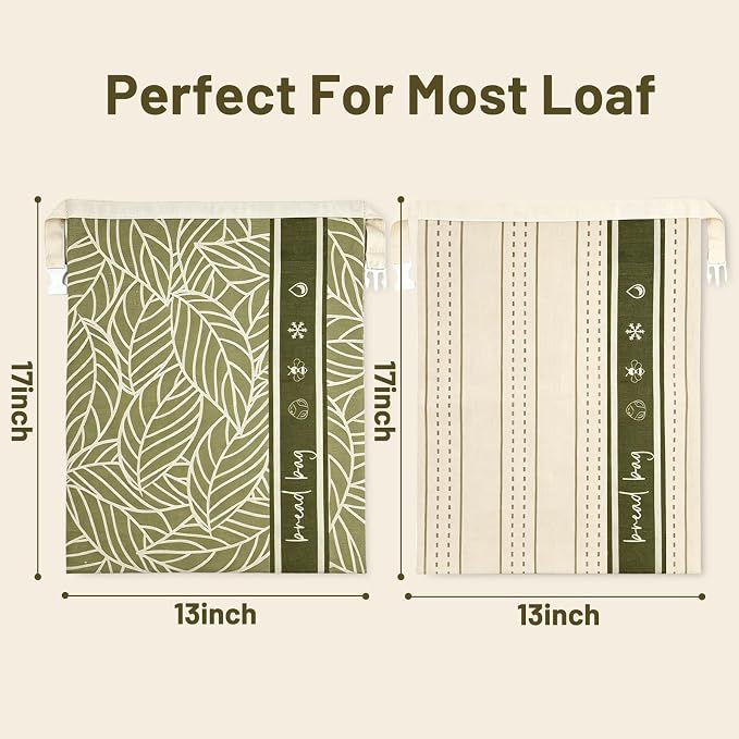 2Pk Reusable Bees Wax Bread Bag - 100% Organic Beeswax Lining & Linen Cotton Outer - XL Foldable Bread Bags for Homemade Bread sourdough, Extra Cleaning Sponge (Antique Foliage & Stripe)