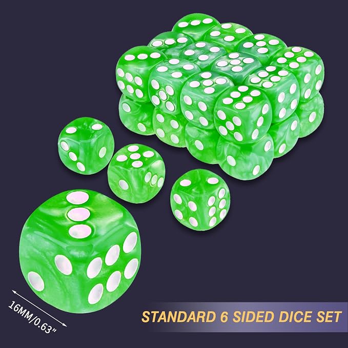 24 of Pack 16MM 6 Sided Dice Set,Pearl Pattern D6 Game Dice Set, 6 Sided Standard Dices for Yahtzee, Bunco or Teaching Math,with Portable Dice Pouch(Green Pearl)