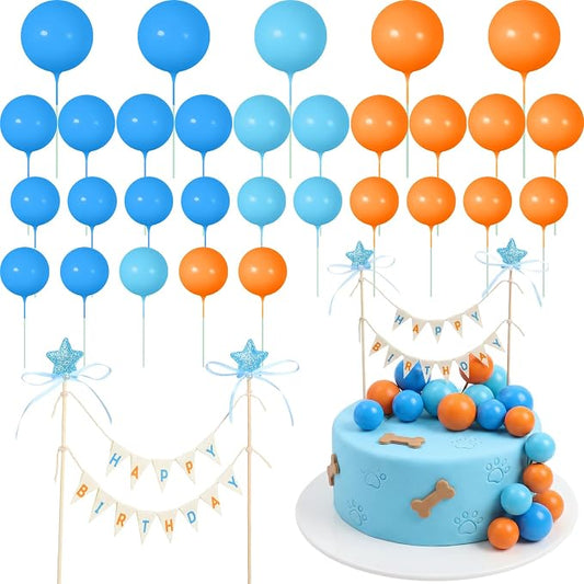 31 Pcs Happy Birthday Cake Topper Cake Bunting Topper Banner with Wood Pole Rainbow Garland with Bow Ribbon Balloon, Mini Cupcake Decor for Birthday Baby Shower (Blue Orange Paw Print)