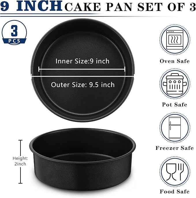 E-far 9 Inch Round Cake Pan Set of 3, Nonstick Stainless Steel Baking Pans Tin, Bakeware for Layer Cakes, Stainless Steel Core & Non-toxic Coating, Straight Side & 2 Inch Deep
