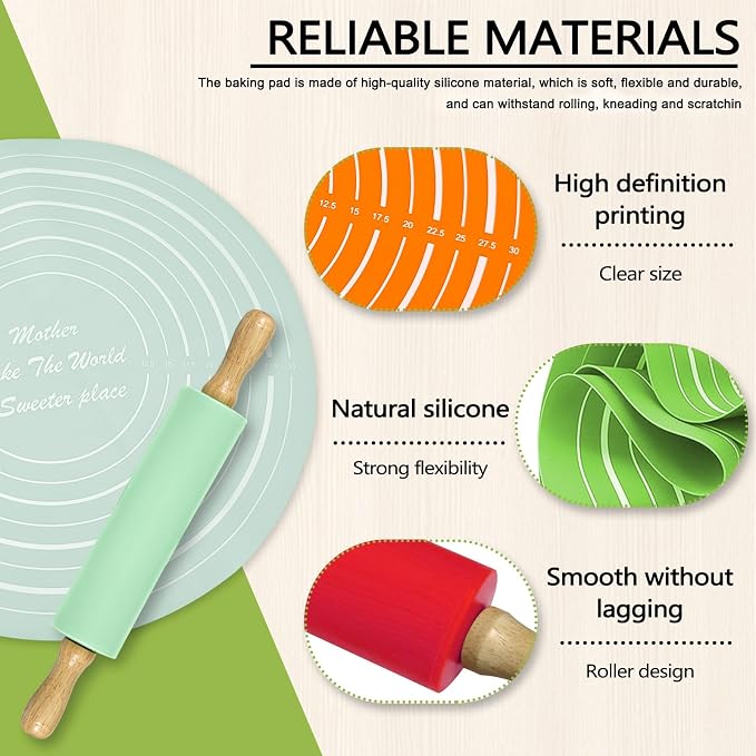 Silicone Rolling Pin Backing Mat Set, 13" Dough Roller with Non Stick Pastry Sheet, Small Fondant Roller Round Kneading Mat for Bread Cookie Pie Pizza Sourdough Kitchen (Mint Green)