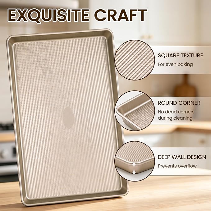Vinino 17Inch Baking Sheet Set of 2, Cookie Sheets For Baking with Square Texture Pattern, Thicker Carbon Steel Non-stick Baking Pan, Half Roll Pans Tray for Oven