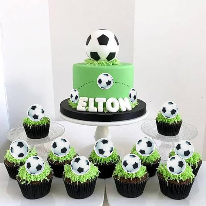 48 PCS Edible Soccer Ball Cupcake Toppers Wafer Paper Soccer Cupcake Picks Edible Football Cupcake Decorations for Sports Soccer Ball Theme Baby Shower Kids Birthday Party Cake Decoration Supplies