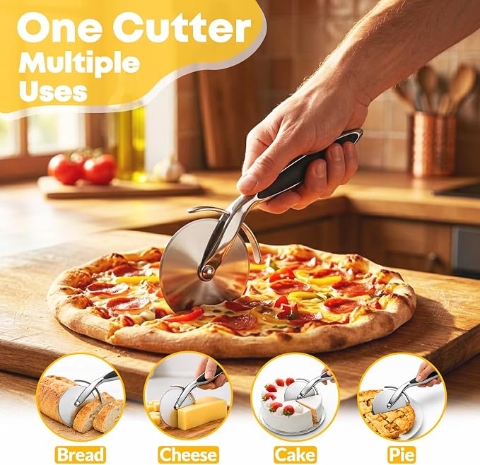 Pizza Cutter Wheel, Sharp Stainless Steel Pizza Slicer with Finger Guard, Non-Slip Comfortable Handle, Multi-Purpose Kitchen Cutter for Pizza, Pie, Dough and Pastry, Easy to Clean, Black
