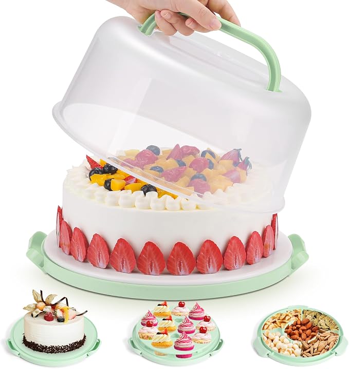 Cake Carrier with Lid and Handle - Cake Containers, BPA-Free，Perfect Gifts | Cake Holder for 10 in Cake with 2 Handles Cupcake Carrier - Plastic Cover Two Sided Base for Transport Pie Nuts Fruit
