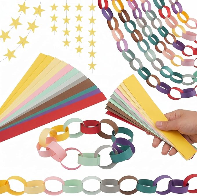 Macaron Pastel Paper Chain & Mirror Star Garland Kit with Double-Sided Tape, Pre-Cut 10 Colors Strips. Ideal for Birthday, Baby Shower, Wedding & Party Decor. (800, 1 x 8.27 Inches)