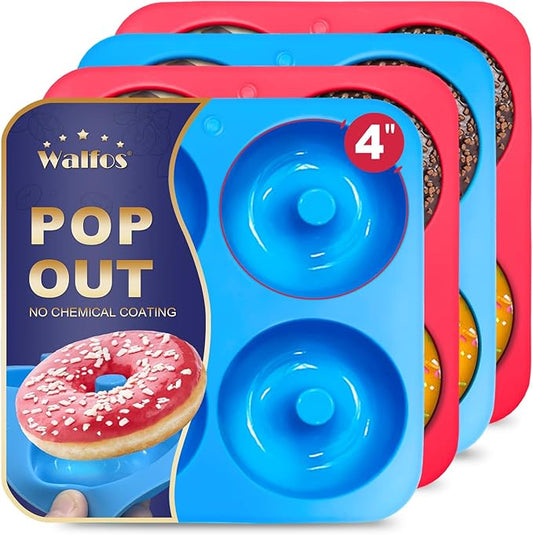 Walfos Full Size Silicone Donut Mold - 4In Donut Pan Big Size Non-Stick Donut Pan for Donut Cake Biscuit Bagels, Heat Resistant, BPA FREE and Dishwasher Safe(4Pack)