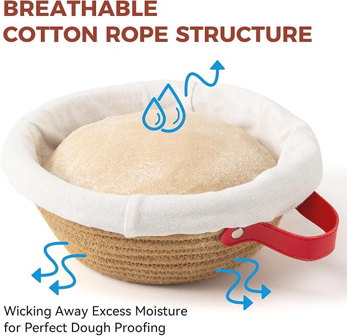 Banneton Bread Proofing Basket Set of 2, 9" Round Cotton Rope Proofing Baskets with Liners & Covers, Sourdough Bread Baking Supplies