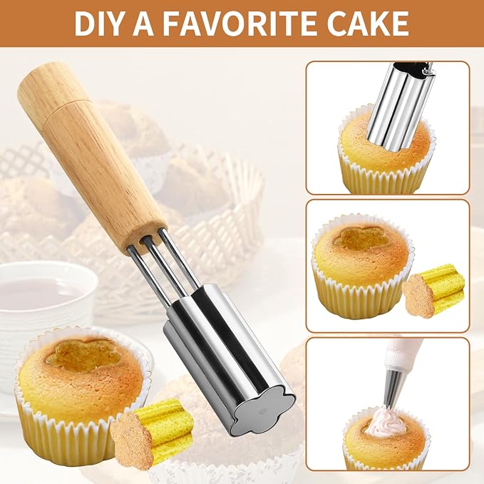 Cupcake Corer, 3 Pcs Plunger Cutter Pastry Corer, Digging Holes Tools Muffin Cake Filling Tool Mini Cupcake Hole Punch for DIY Baking Filling and Decorating, Flower, Star, Heart