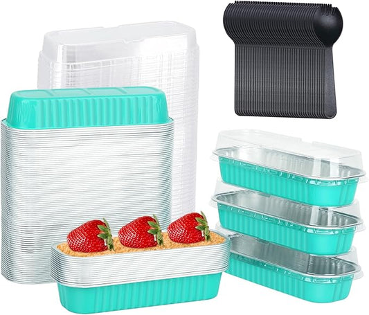 LNYZQUS Mini Cake Pans with Lids 100 Pack,Individual Foil Baking Tins,Disposable Mini Loaf Pans Small Cakes Tin Cupcake Containers for Bakery Bake Sale-Cyan Blue,6.8oz