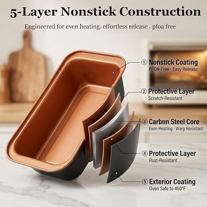 3-Pack 9x4 Inch Nonstick Loaf Pans, Carbon Steel Bread Pans for Baking Banana Bread & Sourdough, Even Heating, Easy Release, Oven Safe to 450°F, PFOA Free
