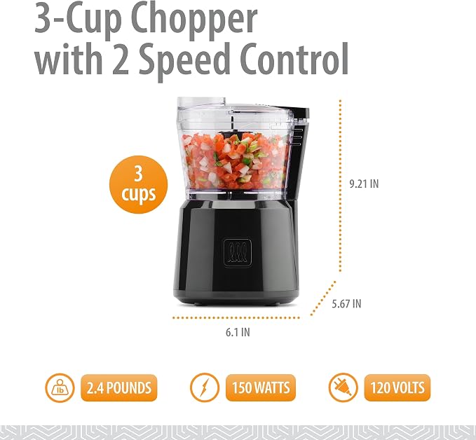 Toastmaster Chopper with 2-Speed Control by Select Brands - Mini Electric Food Chopper for Salsa, Dips & More - Electric - with Dishwasher-Safe Chopping Cup & Safety Lid - 3 Cups