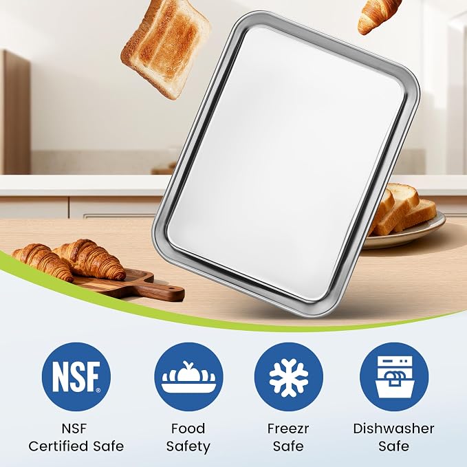 BIEAMA 12 Pack Stainless Steel Toaster Oven Baking Sheets, 9 x 7 in | Stainless steel pans with no chemical coating, mirror-polished finish and rolled edges; dishwasher safe, oven safe to 500°F.