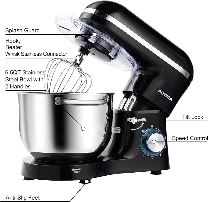 Aucma Stand Mixer,6.5-QT 660W 6-Speed Tilt-Head Food Mixer, Kitchen Electric Mixer with Dough Hook, Wire Whip & Beater (Black, 6.5QT)