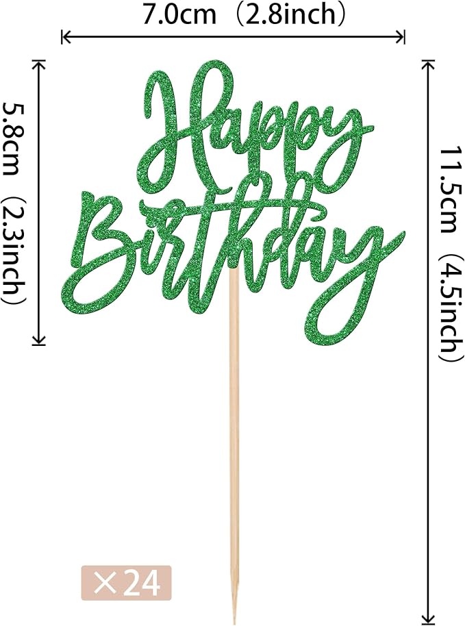 24 PCS Happy Birthday Cupcake Toppers Glitter Happy Birthday Cupcake Picks for Celebrating Anniversary Theme Party Cake Decorations Supplies Green