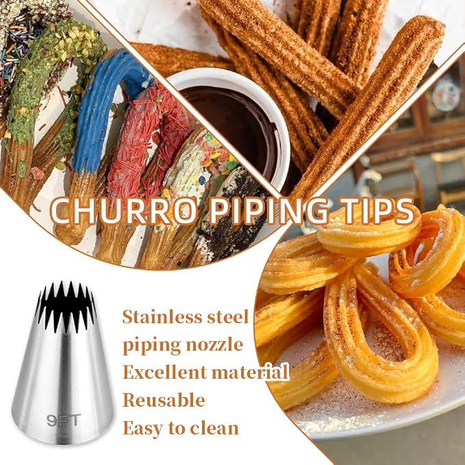 3PCS 9FT Large Churro Piping Tips and Bags Set for Eclairs,Butter Cookies | eclair piping tip,with 30Pcs18Inch Large Piping Bags,Large Open Star Pastry Tip,Churros maker,Cupcake Decorating tip