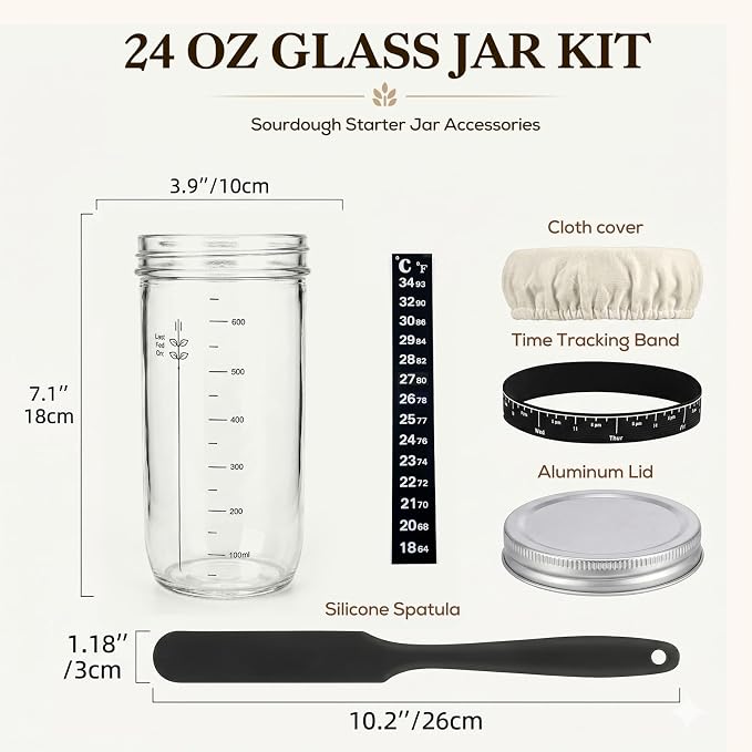 24 oz Sourdough Starter Jar Kit, Glass Sourdough Starter Jar with Date Mark, Thermometer, Scraper, Cloth Cover & Lid, Complete Sourdough Baking Supplies for Beginners & Pros