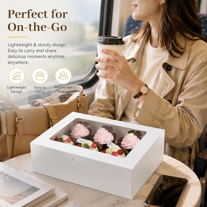 Pralb 20Pack White Cupcake Boxes with Inserts 6 Holders,White Standard Bakery Boxes with Pvc Window,Cupcake Containers Bakery Cake Box,Auto-Popup Cupcake Containers Carriers Bakery Cake Box(9x6x3inch)