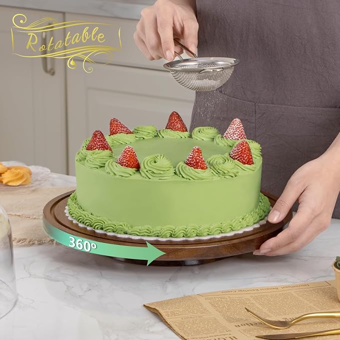 ANBOXIT Cake Stand with Dome Lid, Acacia Wood Rotating Cake Plate with Cover, Wooden Cake Display Stand with Acrylic Dome - Rotatable