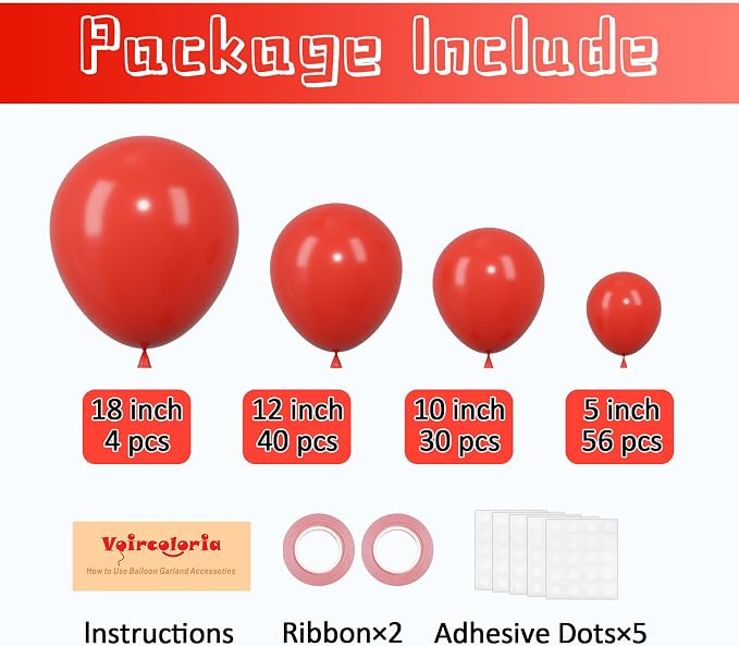 Voircoloria 130pcs Red Balloons Different Sizes 18" 12" 10" 5" Party Latex Balloons for Valentine's Day Birthday Christmas Baby Shower Wedding Anniversary Party Decorations